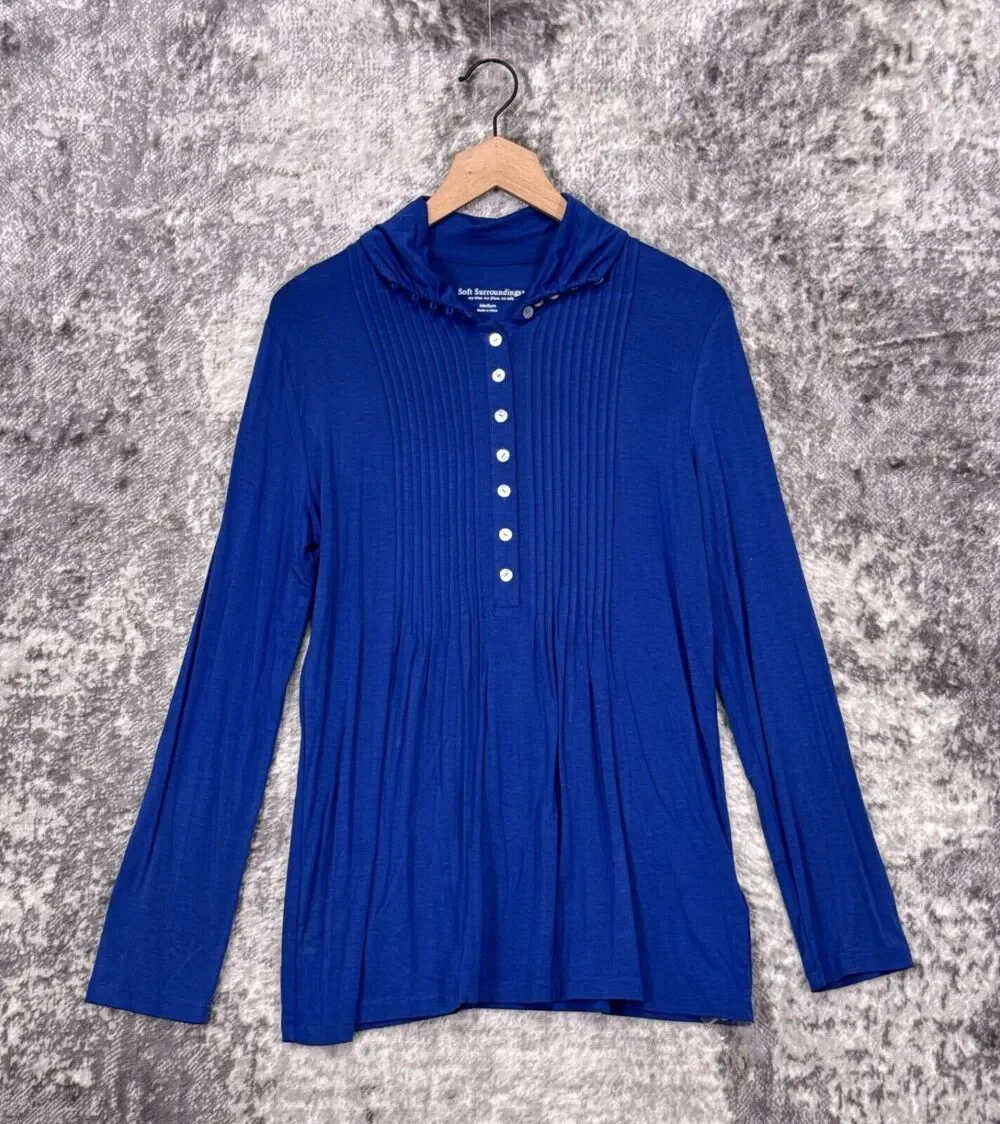 New Soft Surroundings Top Medium Womens Blue Jersey Knit Button Henley
